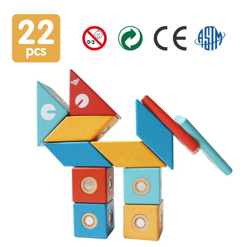 Magblock Magnetic Wooden Blocks Set, 22 Pieces STEM Travel Creativity Magnet Block Toys for 3 4 5 Year Old Age Girls Boys - Image 5